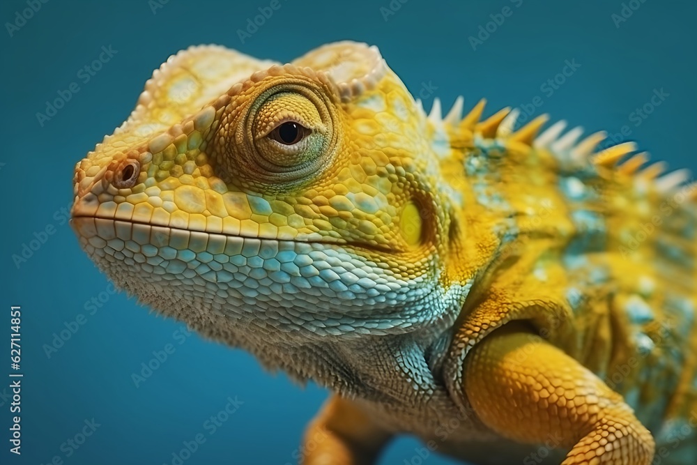 Close-up of a yellow chameleon lizard on a blue background. Generative AI