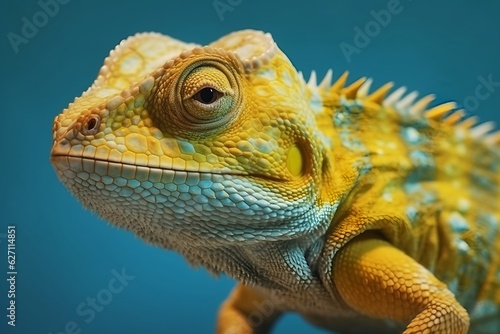 Close-up of a yellow chameleon lizard on a blue background. Generative AI