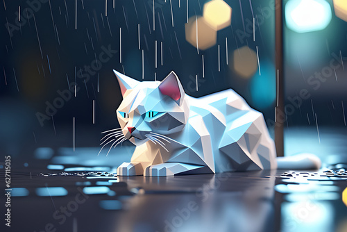 a white cat in the rain. Generative AI