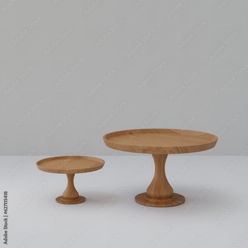 3D Rendering Set of Wood Cake Stand for Show with Concrete Backg 3D Rendering Set of Wood Cake Stand for Show with Concrete Backg