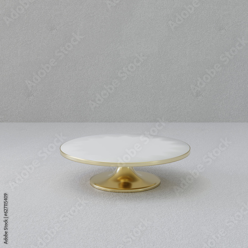 3D rendering White and Gold Luxury cake stand with Cement Backgr