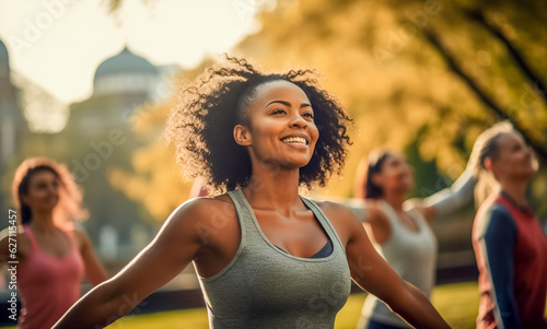 Group of multiethnic women stretching arms outdoor. Yoga class doing breathing exercise at park. Beautiful  fit women doing breath exercise together with outstretched arms.  photo