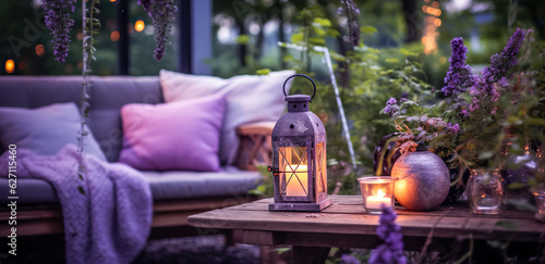 Fototapeta Naklejka Na Ścianę i Meble -  Cozy Outdoor living. Living corner in the garden outside the house. Summer evening on the patio or terrace of suburban house with flowers, candles and lantern in the garden, digital ai art	