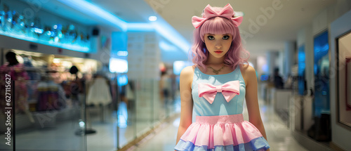 Portrait of a cute girl in cosplay in a shopping mall. She looks beautiful with pink hair and a colorful costume.