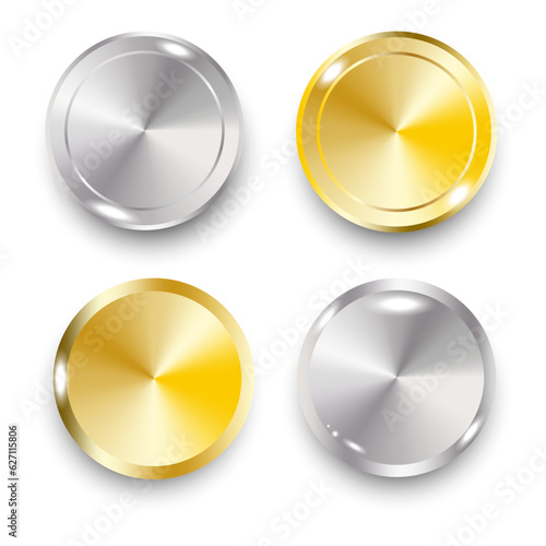 Silver gold medal. Set of silver golden buttons. Vector illustration. EPS 10.