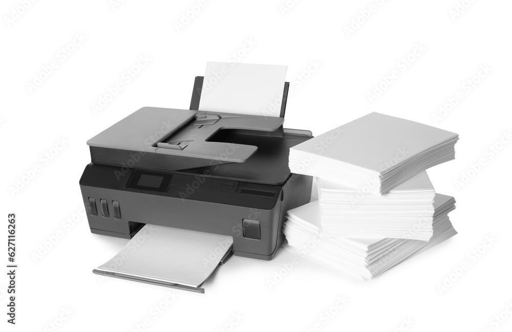 Modern printer and stack of paper on white background Modern printer and stack of paper on white background