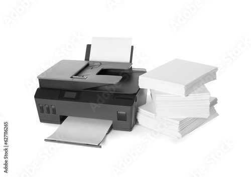 Modern printer and stack of paper on white background