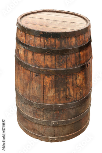 One wooden barrel with metal hoops isolated on white