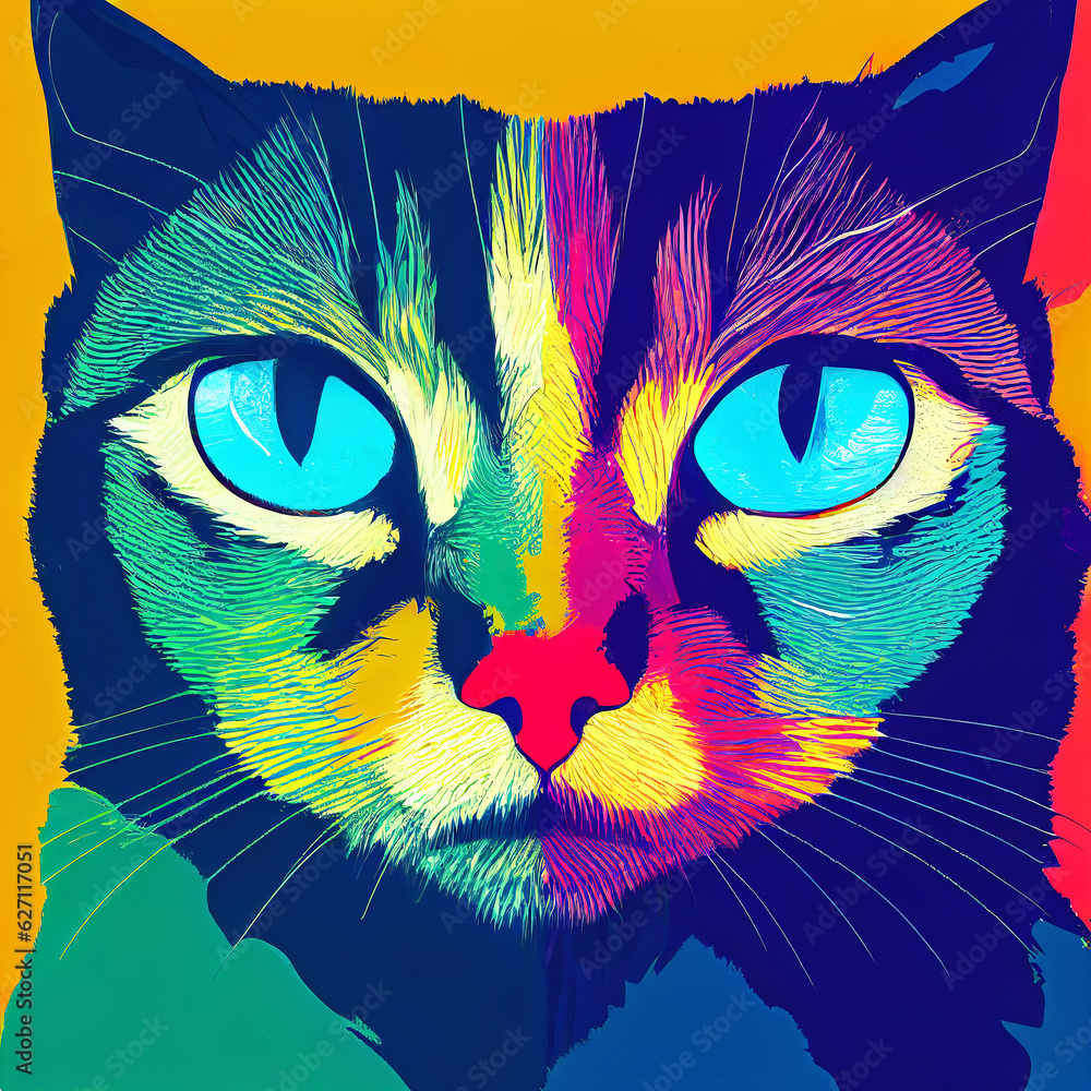 Multi-colored muzzle of a cat. Close-up. Beautiful picture. AI-generated