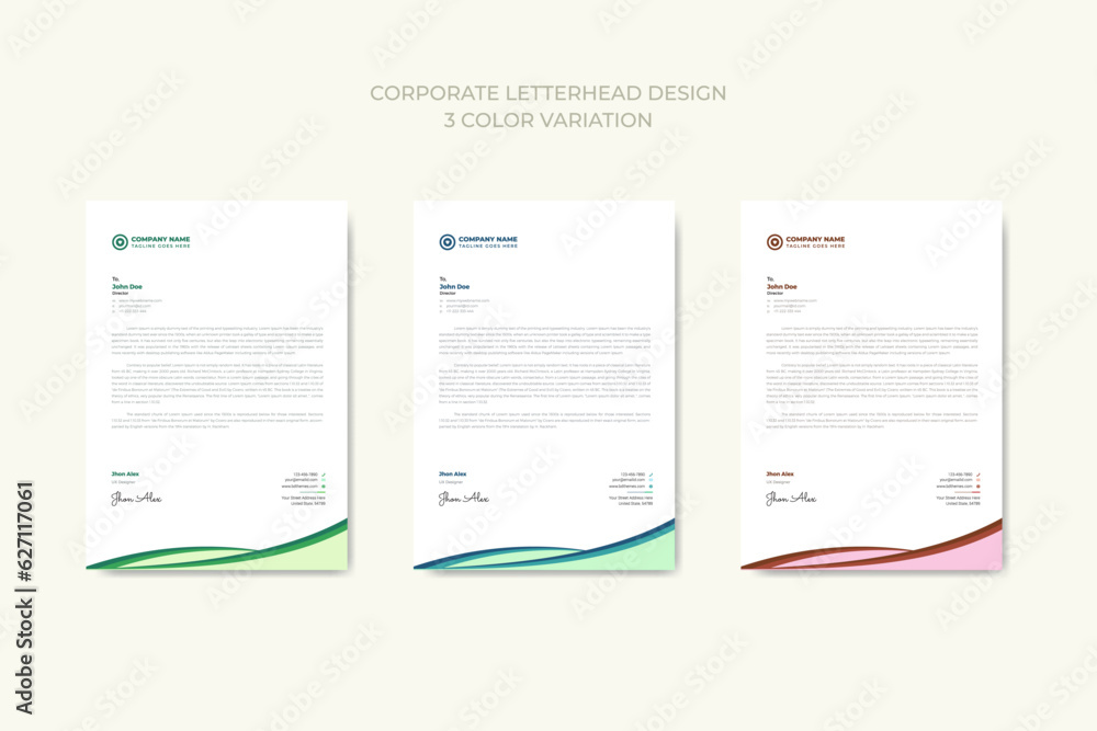 Corporate modern business letterhead in abstract design with 3 colour theme variation