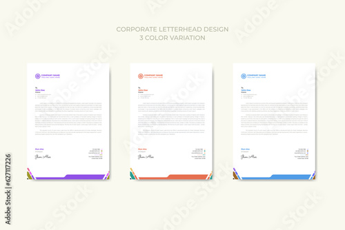 Corporate modern business letterhead in abstract design with 3 colour theme variation