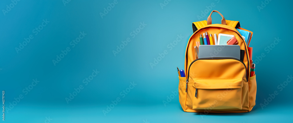 Obraz Full school backpack with books isolated on blue background with copy space. Back to School concept. digital ai art	