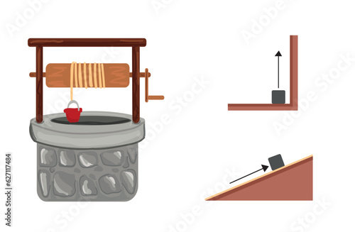 Simple machines physics vectors. Educational book, school book vector illustrations
