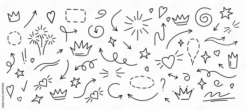 Set of cute pen line doodle element vector. Hand drawn doodle style collection of heart, arrows, scribble, flower, star, crown, scribble. Design for print, cartoon, card, decoration, sticker