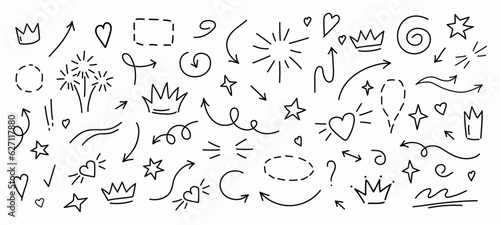 Set of cute pen line doodle element vector. Hand drawn doodle style collection of heart  arrows  scribble  flower  star  crown  scribble. Design for print  cartoon  card  decoration  sticker