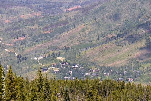 Town of Vail Colorado from Top of Mountain, Ski Town During Summer Hot Season in USA photo