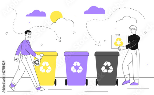 People sorting garbage vector line concept