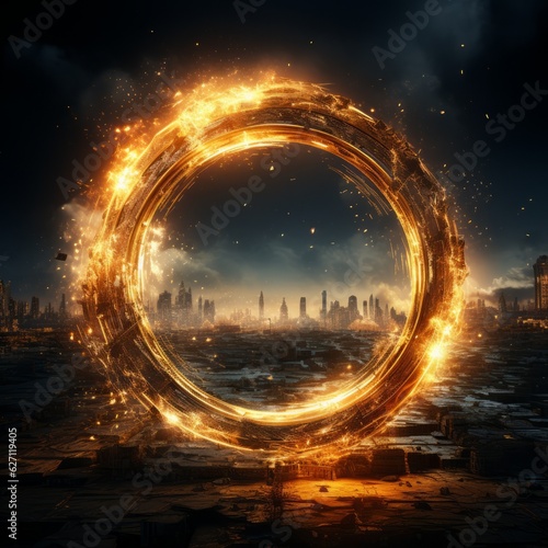 A gold flaming circle with dark background. Generative AI. 