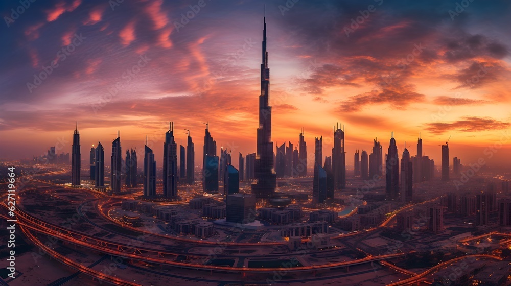 Dawn in Dubai: Early Morning Skyline Illuminated by the Rising Sun