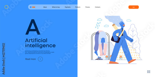 Artificial intelligence illustration. Job -modern flat vector concept illustration -AI going to work instead of human, upset woman stays home. AI metaphor, advantage, superiority and dominance concept