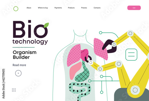 Bio Technology, Organism Builder -modern flat vector concept illustration of robot assembling organism using blocks, parts representing organ systems. Metaphor of regenerative medicine and 3D printing