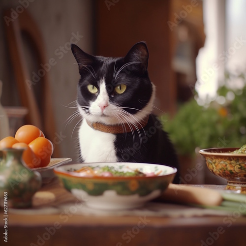 Tuxedo Cat drinking Vegetable Soup in Country Kitchen. Generative AI