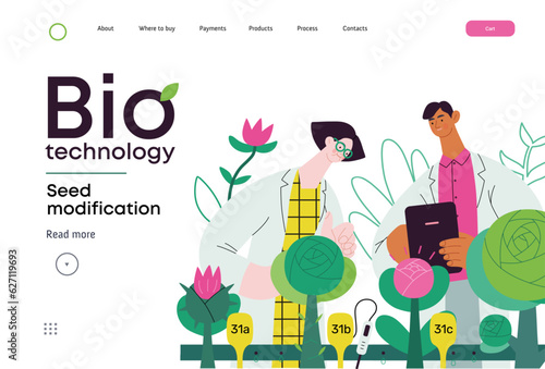 Bio Technology, Seed Modification -modern flat vector concept illustration of scientists analysing genetic modificated variants of a plant. Metaphor of direct impact of GMO on vegetation