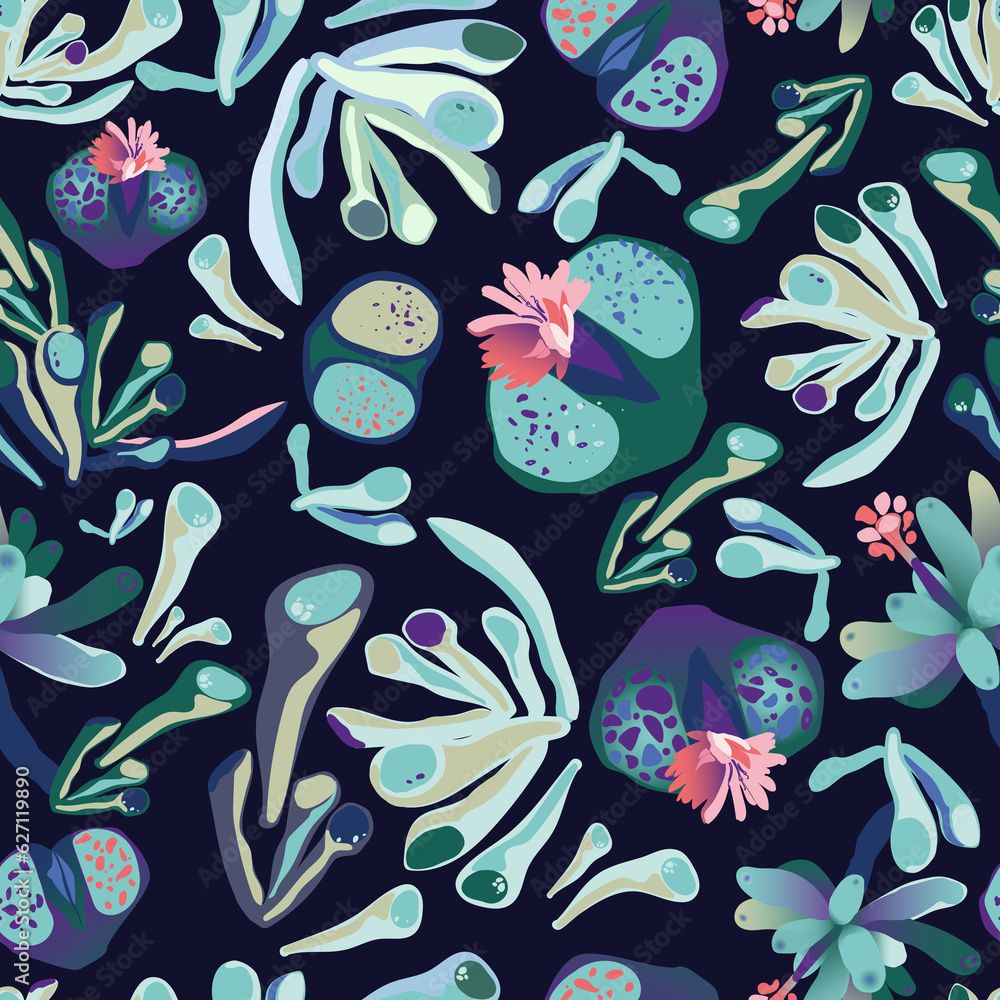 A pattern of succulents on a dark background.For fabrics, for printing brochures, posters, parties, vintage textile design, postcards, packaging A pattern of succulents on a dark background.For fabrics, for printing brochures, posters, parties, vintage textile design, postcards, packaging