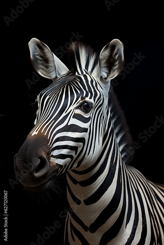 A portrait of a zebra with black background. Generative AI. 