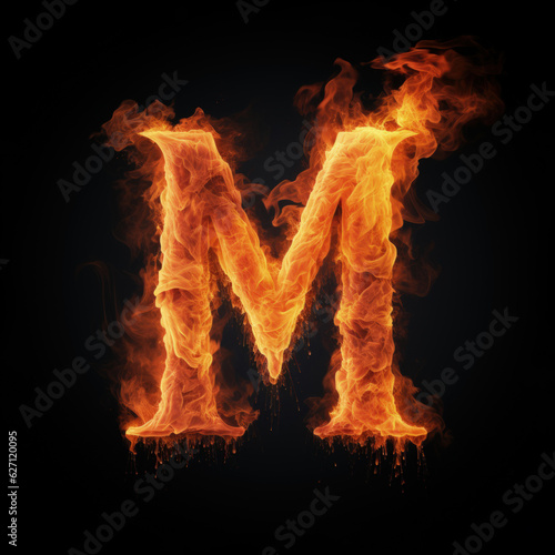 Capital letter M consisting of a flame. Burning letter M. Letter of fire flames alphabet on black background.