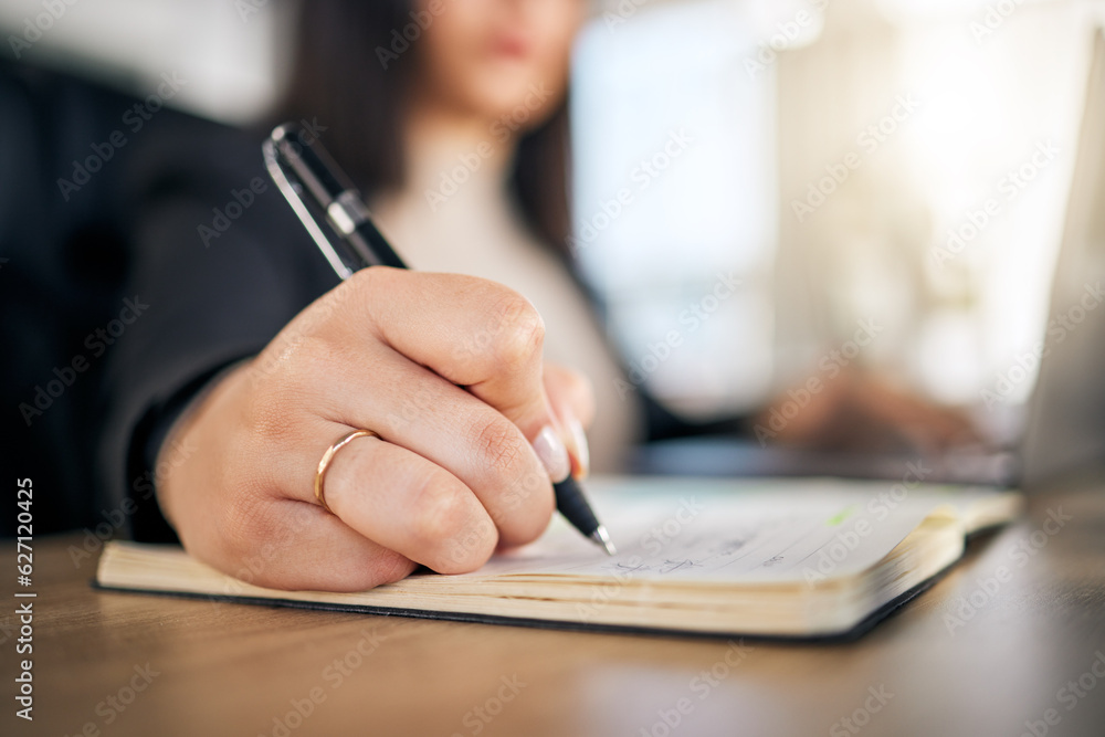 Business woman, hands and writing in book for planning, reminder or idea strategy on office desk. Closeup of female person, accountant or employee for schedule plan in notebook, diary or journal Business woman, hands and writing in book for planning, reminder or idea strategy on office desk. Closeup of female person, accountant or employee for schedule plan in notebook, diary or journal