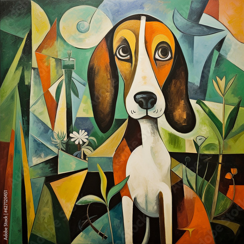 Beagle in flower garden on a summer day painting in the style of Pablo Picasso 