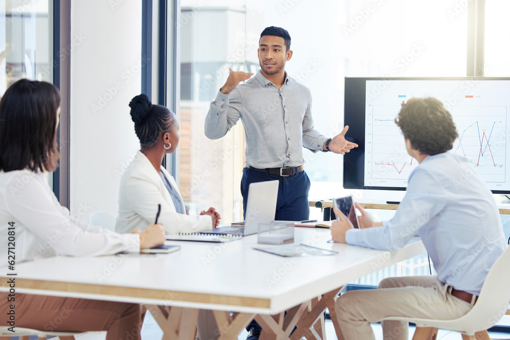 Businessman, meeting and coaching in presentation for data, graph or chart on team project at office. Man, coach or mentor training staff on corporate statistics, analytics or marketing at workplace