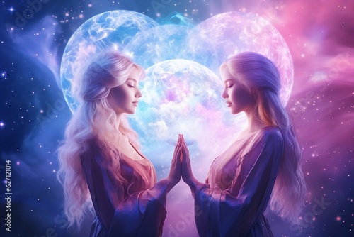 Two blond beautiful females touching hands in connection. Cosmic lights and clouds background. Sisterhood, women connection concept. Generative AI. 