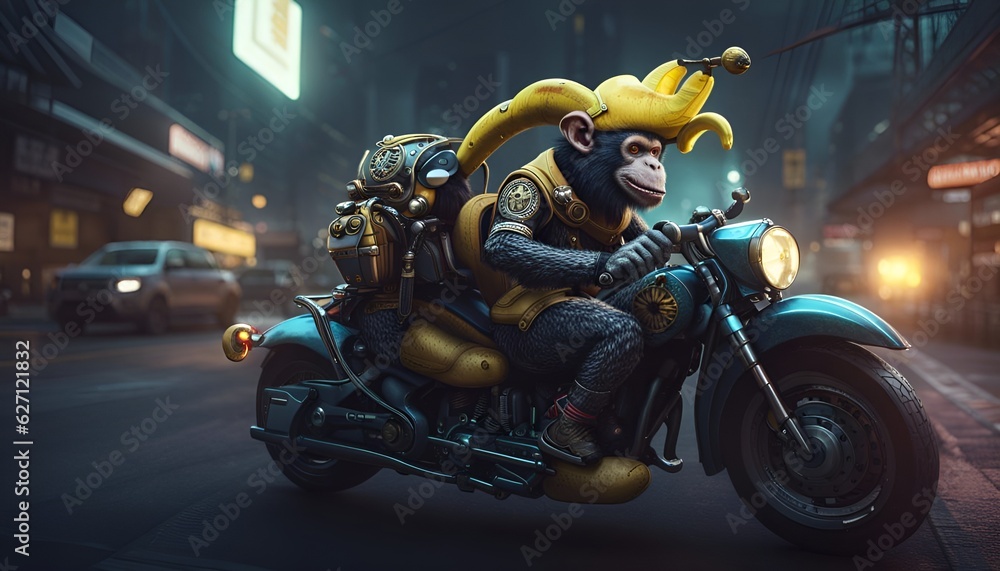 anthropomorphic monkey riding a bicycle and wearing banana hat 