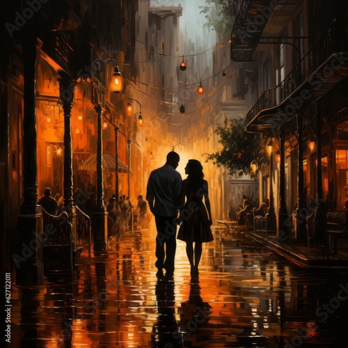 A couple in love walks down the street enjoying an evening in the city. Generative AI. 