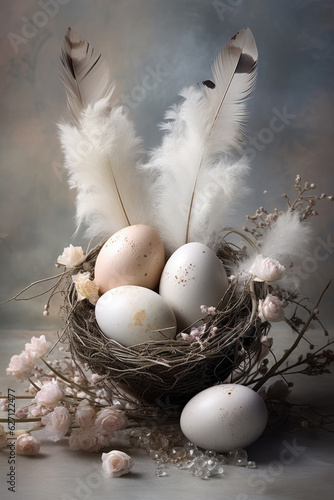 Beautiful Still Life with Eggs and Feathers