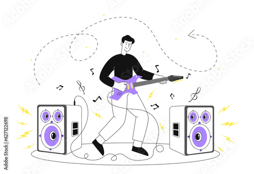 Man playing electric guitar line vector concept