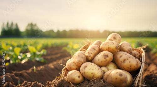 Close-up photo of fresh potatoes on farm potatoes background. Healthy organic produce concept.