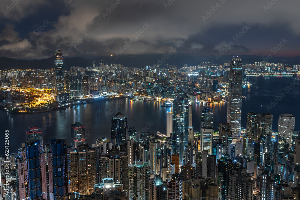 Midnight scenery of Victoria Harbor of Hong Kong city