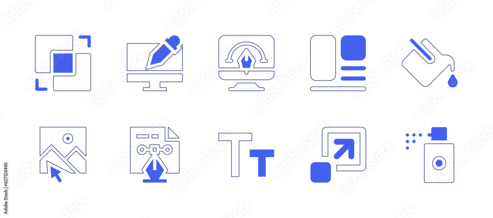 Graphic design icon set. Duotone style line stroke and bold. Vector illustration. Containing combine, graphic design, pen tool, layout, paint bucket, design, font size, zoom in, spray.