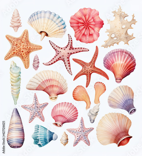 watercolor set of seashells and starfish 