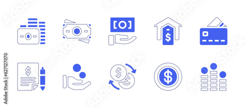 Money icon set. Duotone style line stroke and bold. Vector illustration. Containing money, money back guarantee, house, credit card, quote request, hand, change, coin, savings. © Huticon