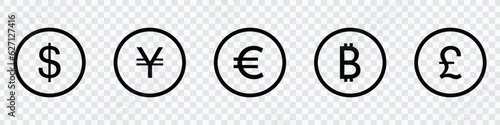 International currency symbol icons. Euro, dollar, Pound, Yuan, Bitcoin. Money kind icons. Vector eps