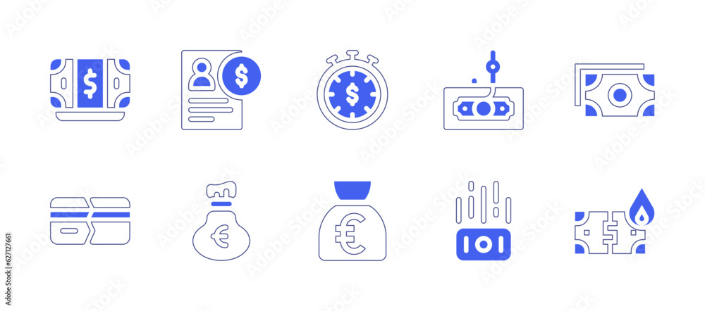 Money icon set. Duotone style line stroke and bold. Vector illustration. Containing money, credit, time is money, no money, money bag.
