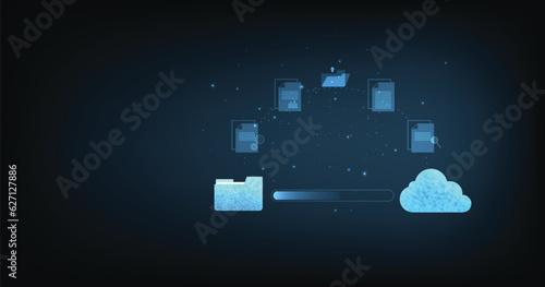 Data transfer through cloud technology. Document management and Exchange data with modern internet technology on dark blue background. Files data system relocation concept.