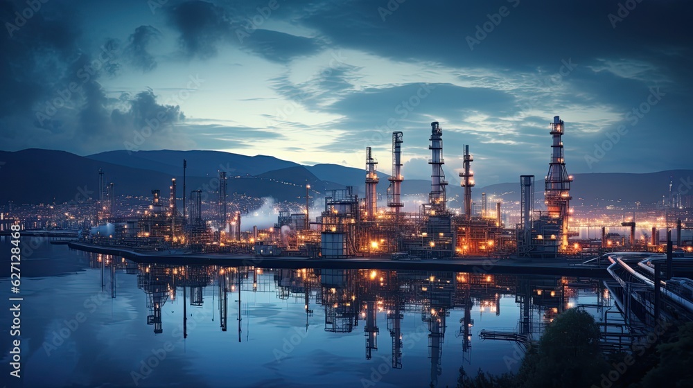 The power industry factory at night.Industry pipeline transport petrochemical, gas and oil processing. The power industry factory at night.Industry pipeline transport petrochemical, gas and oil processing.