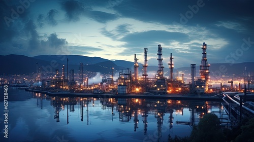 The power industry factory at night.Industry pipeline transport petrochemical, gas and oil processing. 
