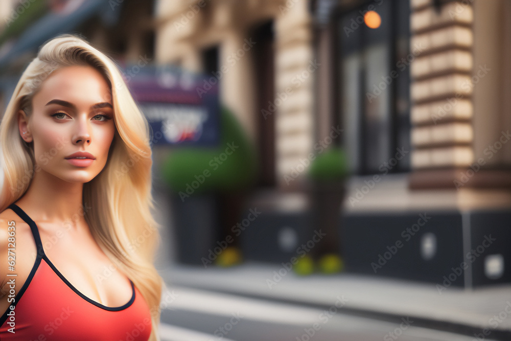 A beautiful, lean and ripped blonde in gym clothes at a photo shoot on the street. Generative AI_4.