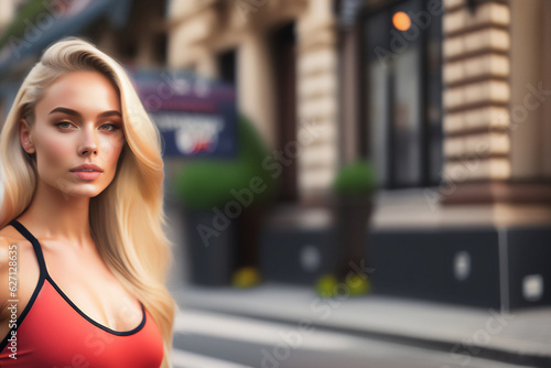 A beautiful, lean and ripped blonde in gym clothes at a photo shoot on the street. Generative AI_4.